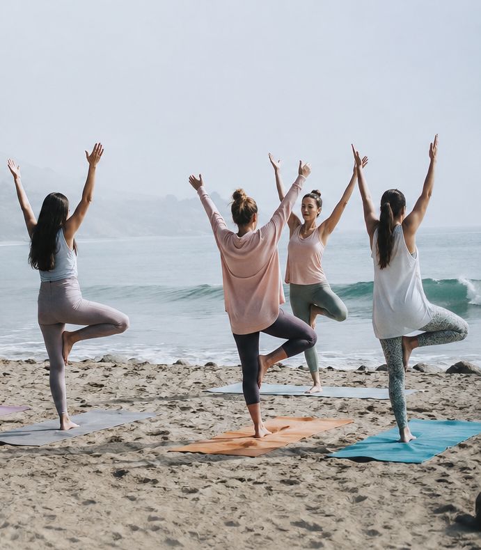 A group practising tree pose together on the sand at the water's edge